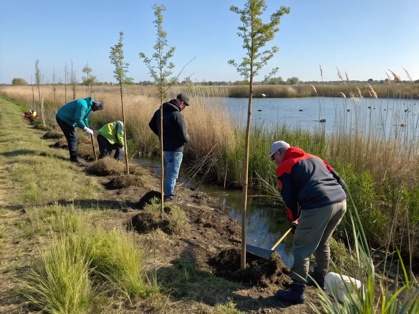 A photograph depicting volunteers participating in a wildlife habitat restoration project, planting native trees and shrubs in a deforested area. The image should convey a sense of community involvement and environmental stewardship.