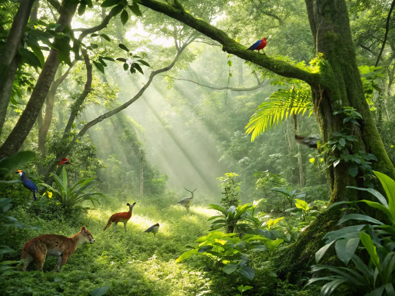 A picturesque landscape showing a managed forest area with diverse wildlife, symbolizing sustainable game development and habitat preservation efforts by SOCIETE DE CHASSE LES COSTILS.