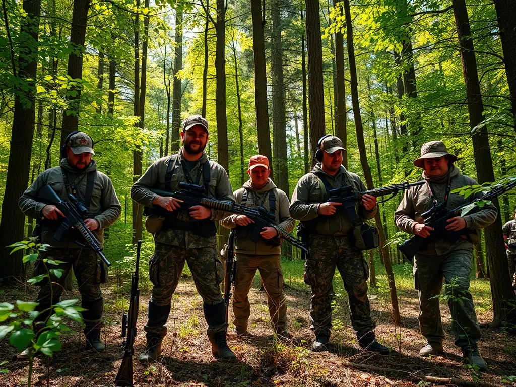 A photograph showing a group of hunters participating in a controlled hunt, with a focus on ethical hunting practices and wildlife management. The image should highlight the importance of responsible hunting in maintaining ecological balance.